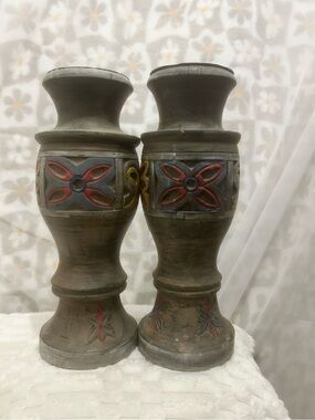 Handcrafted Wooden Floral Carved Candle Holders - Multicolor